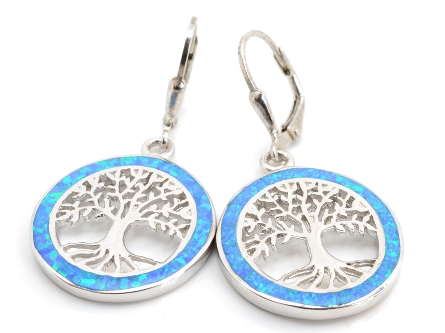 Stříbrné náušnice modrý opál - strom života
