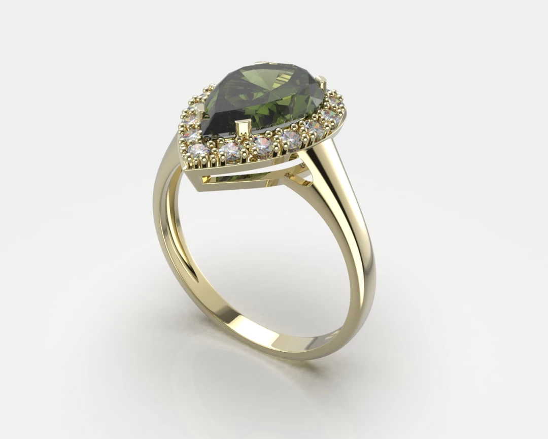 Zlatý prsten s vltavínem a diamanty Essie 55, Bílé zlato Au 585/1000