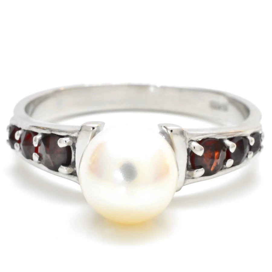 Stříbrný nebo zlacený prsten český granát s perlou 65, Rhodiování