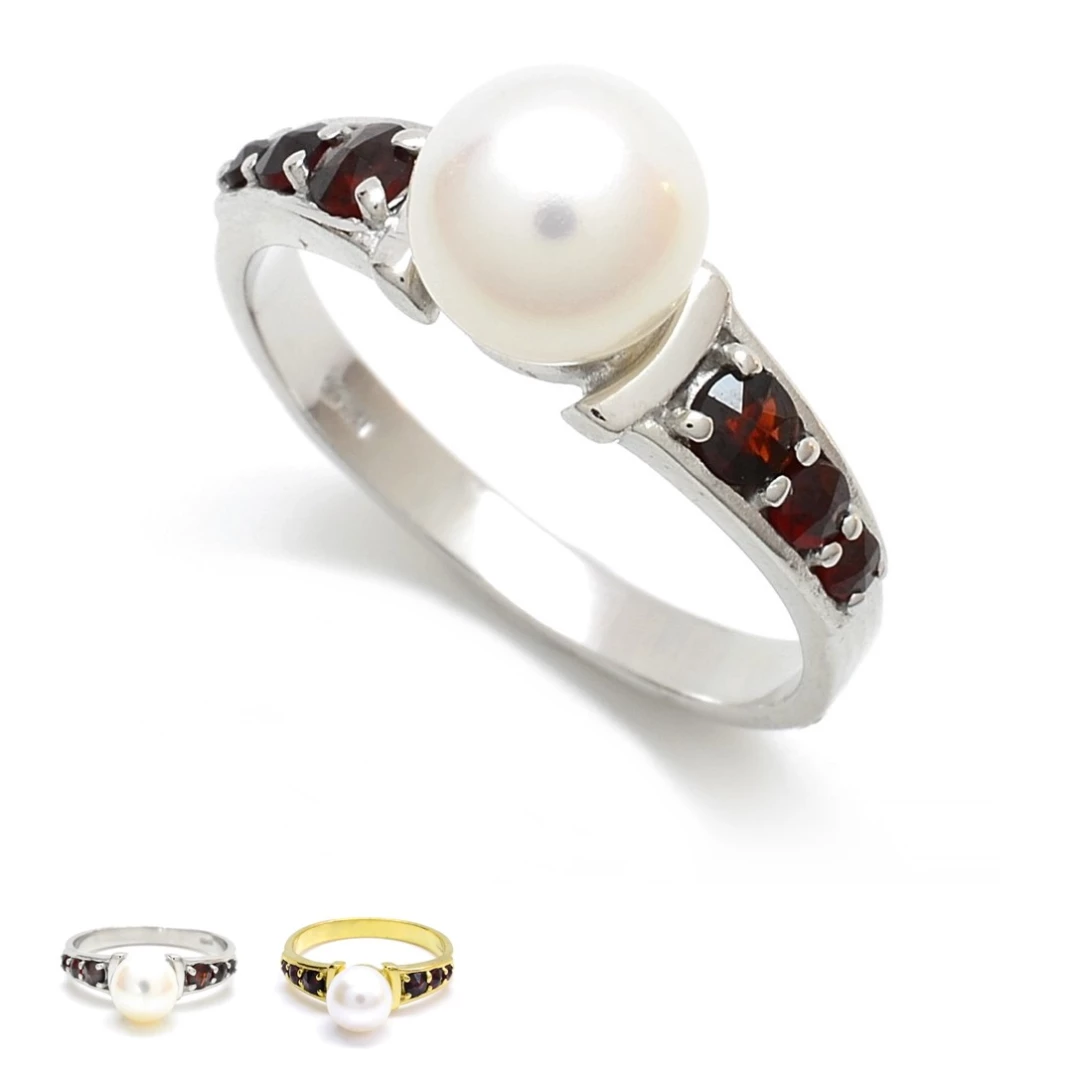 Stříbrný nebo zlacený prsten český granát s perlou 63, Rhodiování