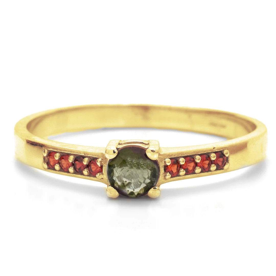 Zlatý prsten český granát, vltavín 51, Zlato Au 585/1000