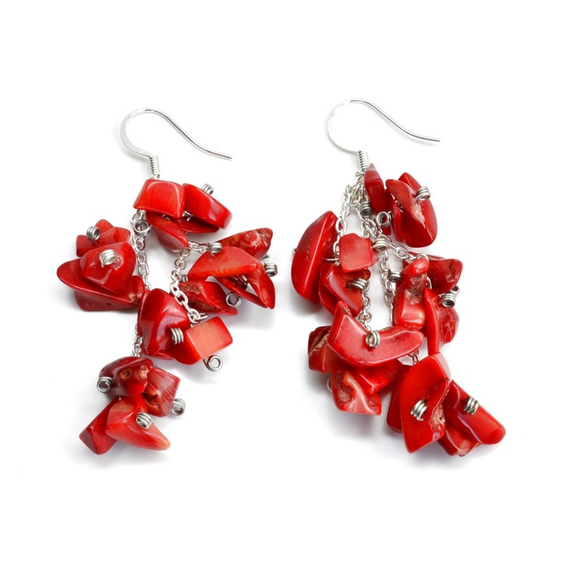 Visací náušnice hrozny s červenými korály